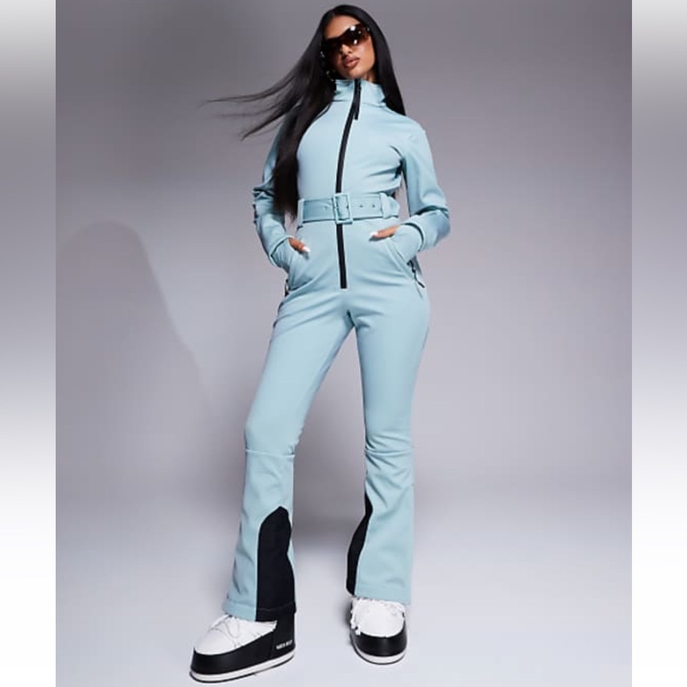 ASOS 4505 Ski soft shell water repellent belted ski suit in turquoise